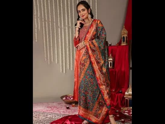 Rust Yoke Design Kurta with Trousers & With Dupatta