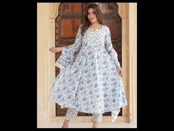 Floral Printed Gotta Patti Pure Cotton Anarkali Kurta with Trousers & Dupatta (4)
