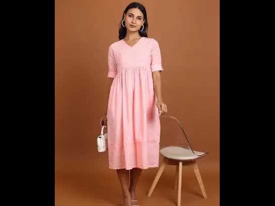 Pink Floral Embroidered Puff Sleeves Schiffli Fit and Flare Midi Dress