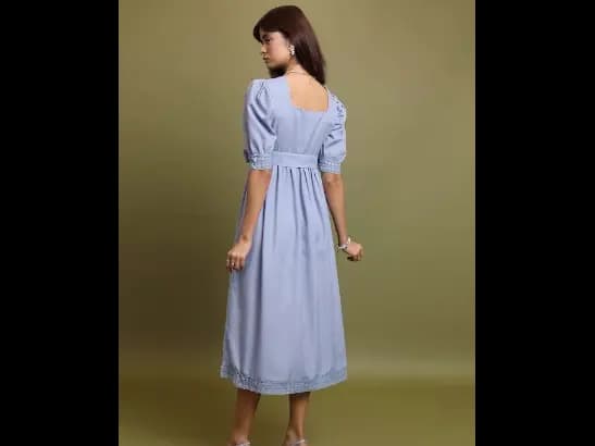 Blue Square Neck Puff Sleeve Tie Up Lace Inserts A-Line Dress (4)