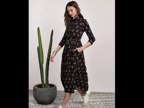 Black Printed Shirt Collar Kurta With Pintuck Detail