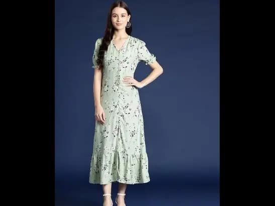 Floral Print Puff Sleeves A-Line Midi Dress