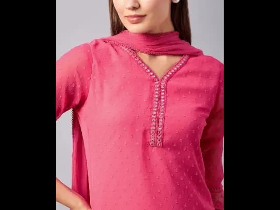 Textured Woven Design Regular Mirror Work Straight Kurta With Palazzos & Dupatta (2)