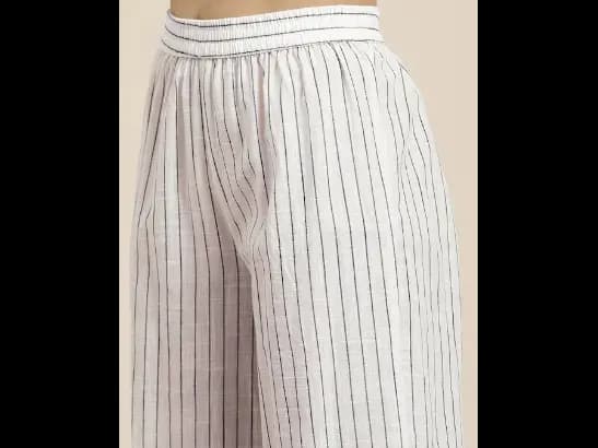 Off-White & Black Checked Straight Kurta With Striped Palazzos (5)