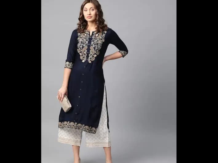 Navy Blue Paisley Floral Embroidery Kurta Set (6)