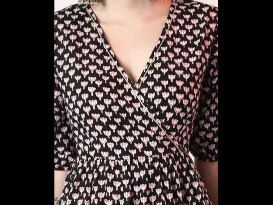 Black Ethnic Motifs Printed Gathered Detailed Cotton A-Line Ethnic Dress (2)