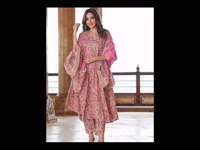Floral Printed Pure Cotton Anarkali Kurta With Trouser & Dupatta (6)
