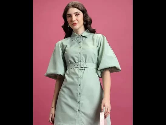Green Puff Sleeves Shirt Mini Dress (3)