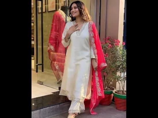 Cream-Coloured Floral Embroidered Regular Sequinned Kurta Set (2)
