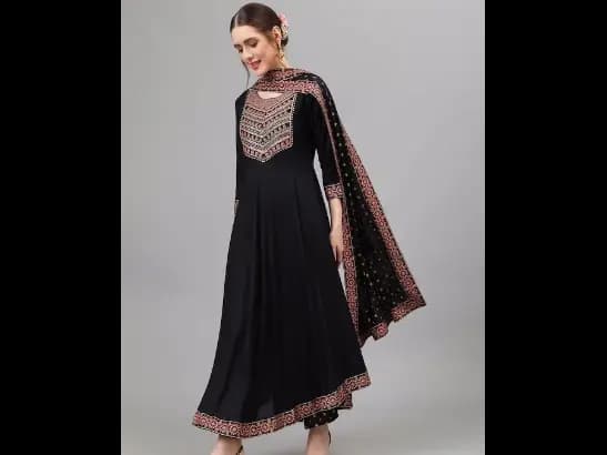 Floral Yoke Design Thread Work Kurta With Palazzos & Dupatta