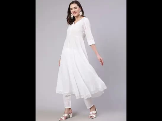 White Round Neck White Regular Self Design Thread Work Kurta SET (2)