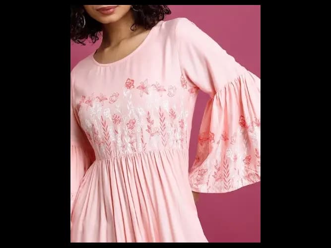 Pink Floral Printed Bell Sleeve Pleated A-Line Midi Dress (6)