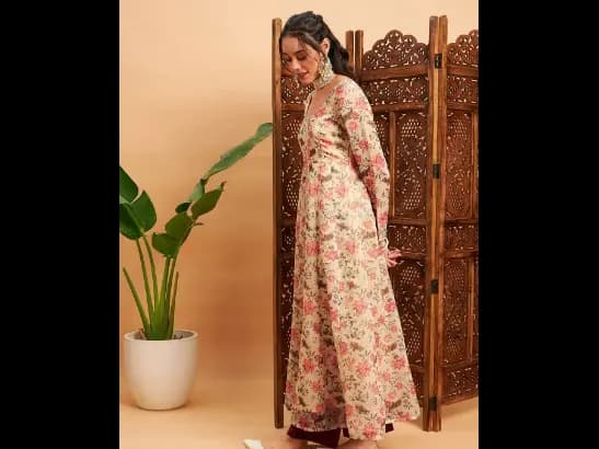Beige & Pink Floral Printed Chanderi Silk Anarkali Kurta