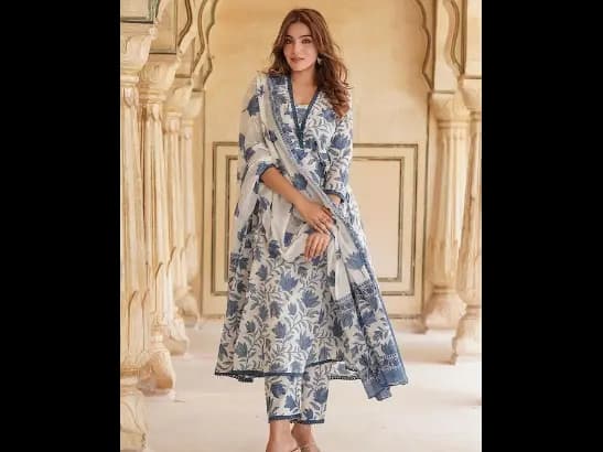 Floral Printed Anarkali Pure Cotton Kurta with Trousers & With Dupatta (2)
