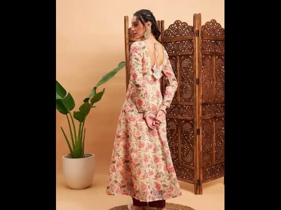 Beige & Pink Floral Printed Chanderi Silk Anarkali Kurta (3)