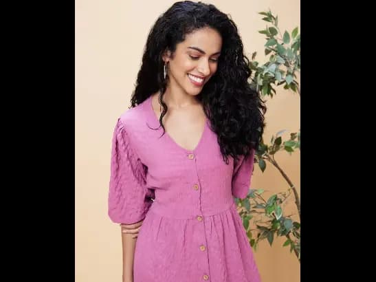Lavender Self Design V-Neck Smocked Fit and Flare Midi Dress (2)
