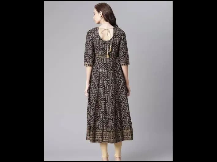 Black & Golden Pure Cotton Ethnic Motifs Printed A-Line Kurta (3)