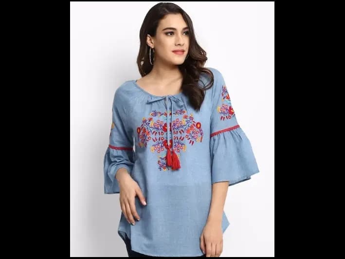 Blue Embroidered A-Line Pure Cotton Top