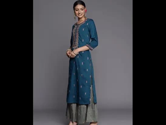 Blue Ethnic Motifs Yoke Design Thread Work Kurta with Sharara & With Dupatta (2)