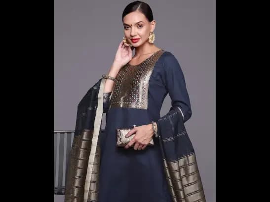 Women Navy Blue Yoke Design Kurta with Palazzos & With Dupatta (2)