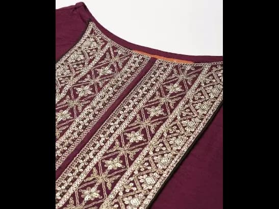 Purple & Gold Striped Yoke Thread Work Liva Straight Kurta Trousers & Dupatta (4)