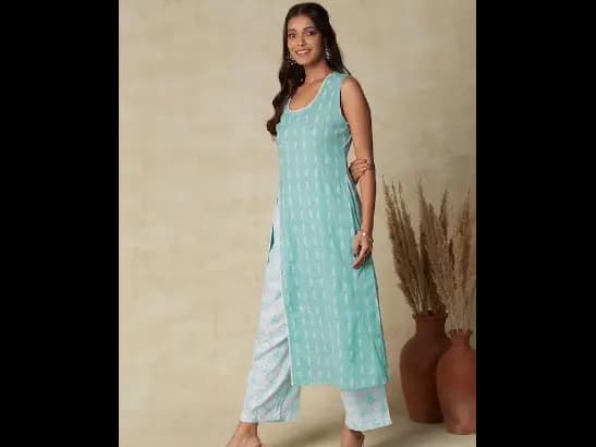 Sea Green Ethnic Motif Woven Design High Slit Straight Linen Kurta with Palazzos