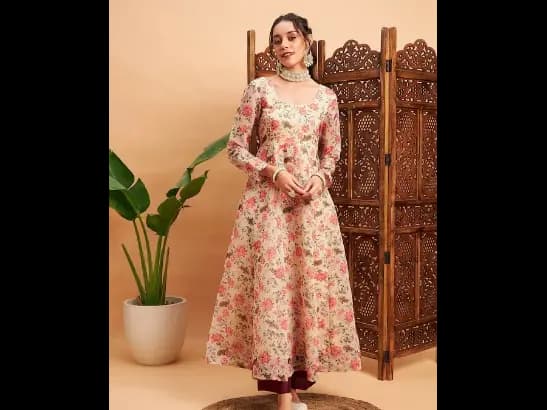 Beige & Pink Floral Printed Chanderi Silk Anarkali Kurta (2)