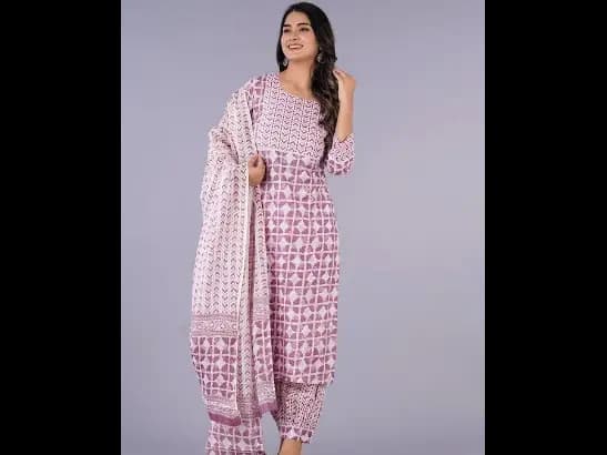 Geometric Printed Pure Cotton Kurta with Salwar & Dupatta (2)