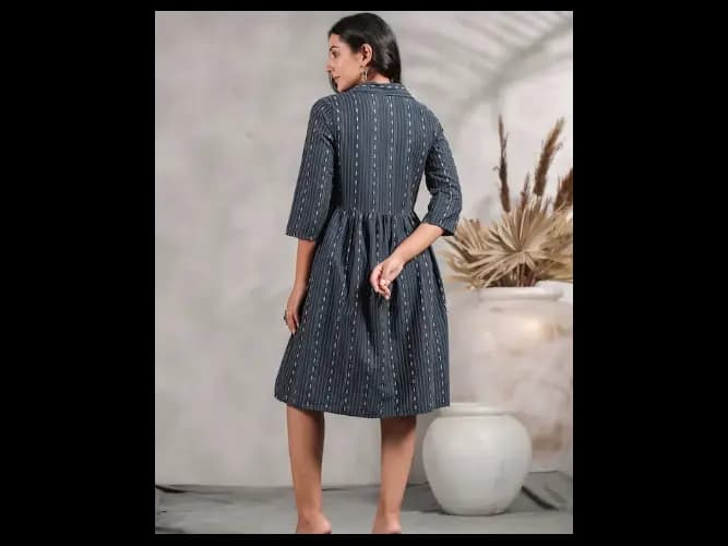 Ethnic Motifs Self Design Shirt Collar A-Line Dress (3)