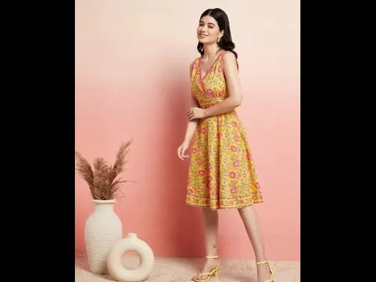 V-Neck Floral Printed Angrakha Style A-Line Cotton Above Knee Dress (2)