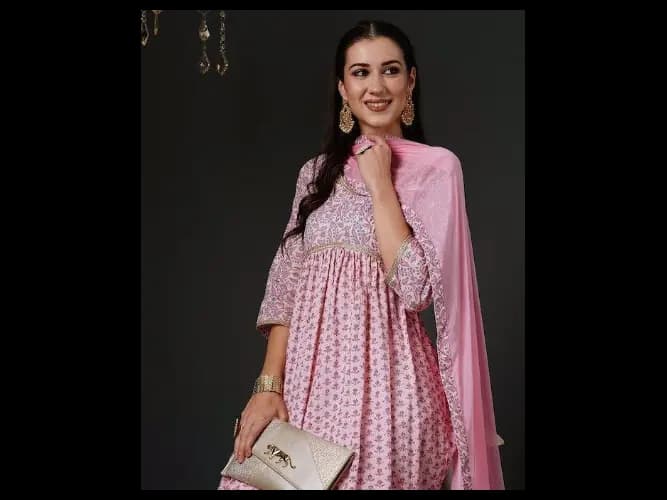 Floral Printed Empire Pure Cotton Anarkali Kurta With Trousers & Dupatta
