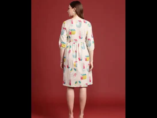 Print Puff Sleeve A-Line Dress (4)
