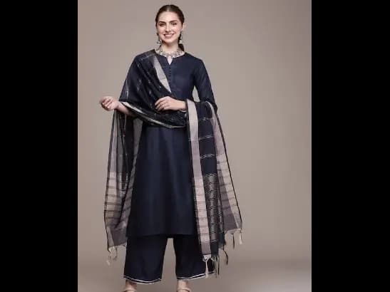 Navy Blue Regular Kurta with Palazzos & With Dupatta (2)