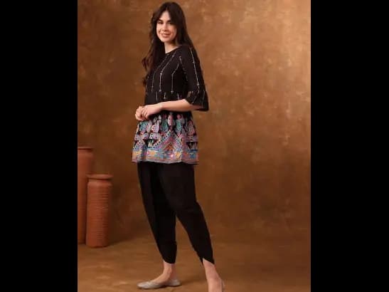 Geometric Printed Round Neck Pure Cotton Kurta with Dhoti Pants