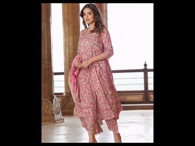 Floral Printed Pure Cotton Anarkali Kurta With Trouser & Dupatta (3)