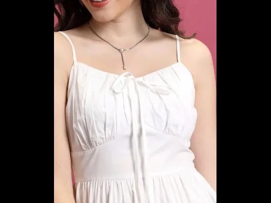 White Smocked Detailed Shoulder Straps Cotton Fit & Flare Dress (3)
