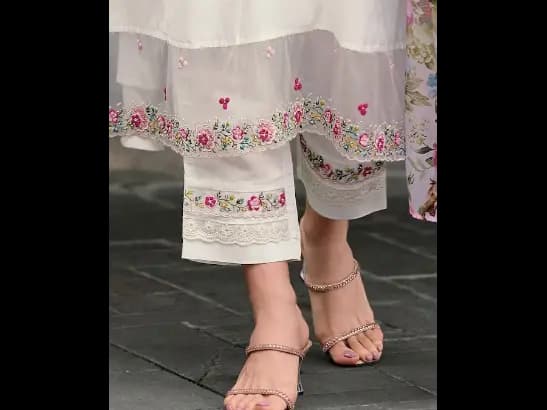 Floral Embroidered Thread Work A-Line Kurta With Trousers & Dupatta (3)