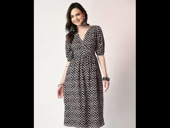 Black Ethnic Motifs Printed Gathered Detailed Cotton A-Line Ethnic Dress (3)