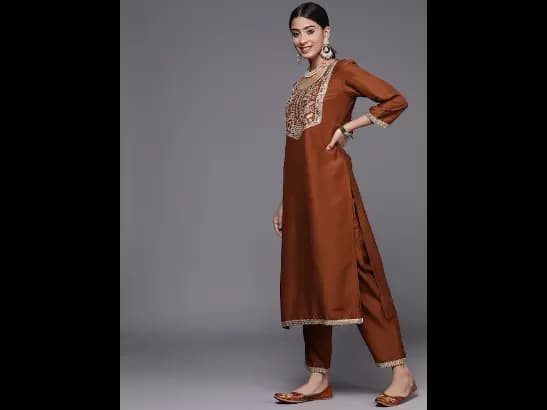 Brown Embroidered Sequinned Kurta with Trousers & With Dupatta (2)