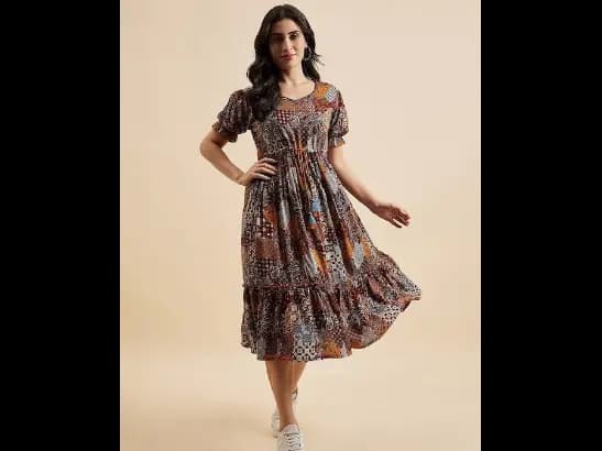 Ethnic Motif Print Round Neck Short Puff Sleeve A-Line Midi Tiered Dress