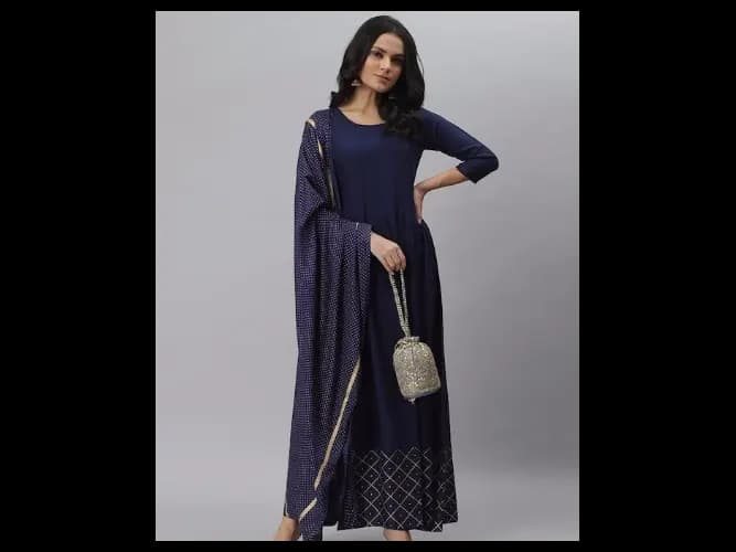 Women Navy Blue Anarkali Kurta With Dupatta