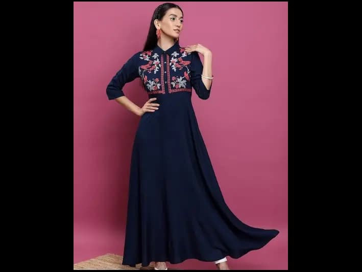 Floral Printed Yoke Design Shirt Collar Three-Quarter Sleeves Anarkali Kurta