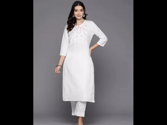 Floral Embroidered Thread Work Pure Cotton Kurta with Trousers