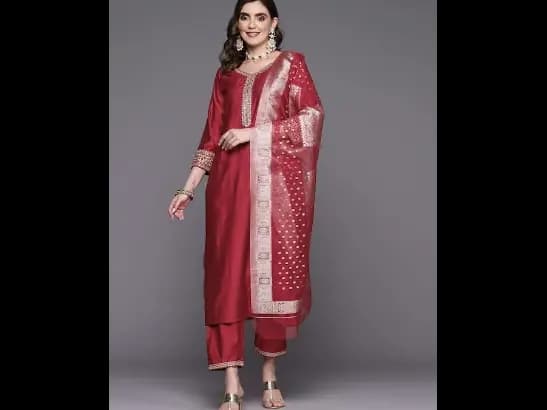 Yoke Design Regular Sequinned Liva Kurta with Trousers & With Dupatta