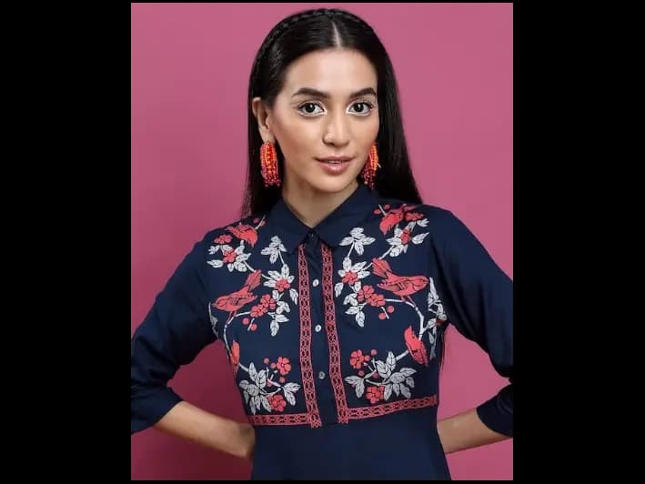 Floral Printed Yoke Design Shirt Collar Three-Quarter Sleeves Anarkali Kurta (5)