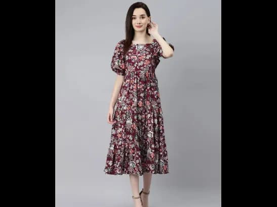 Burgundy & Orange Floral Puff Sleeves Midi Dress