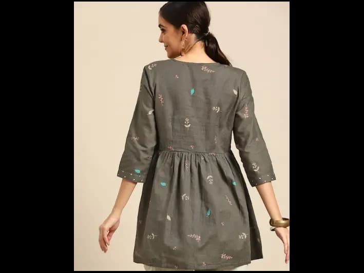 Grey & Pink Pure Cotton Floral Printed Kurta (4)