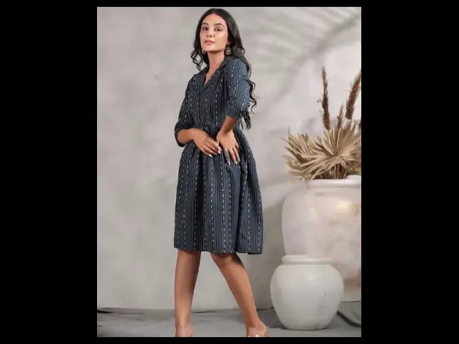 Ethnic Motifs Self Design Shirt Collar A-Line Dress (2)