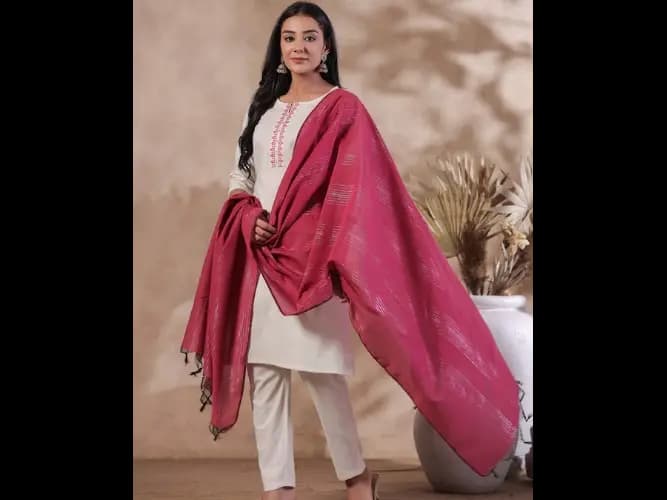 Ethnic Motifs Embroidered Thread Work Pure Cotton Kurta With Trousers & Dupatta (6)