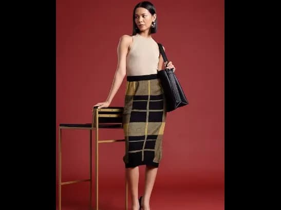 Pure Acrylic Checked Midi Straight Skirt